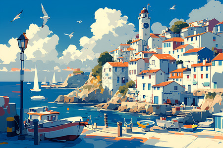海滨村庄海洋绘画素材高清图片