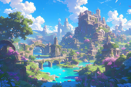奇幻世界的河流与城堡背景图片