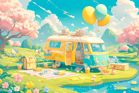 多气球车素材欢乐野餐车插画