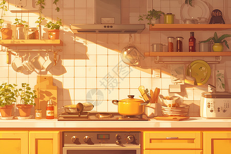 中式烹饪阳光下的中式厨房插画