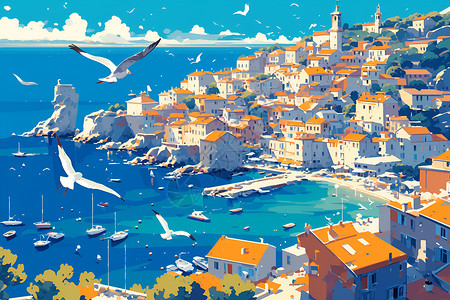 海边城市素材海边的村庄插画