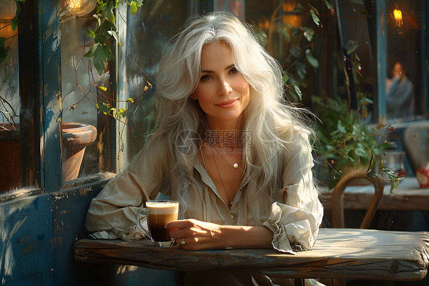 安静的银发女士坐在咖啡馆里图片