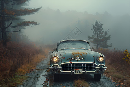 汽车电影素材迷雾田野中的汽车背景