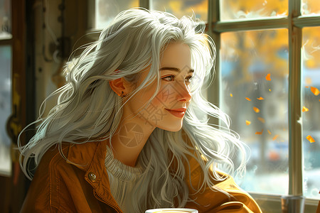 银发女士在咖啡馆插画