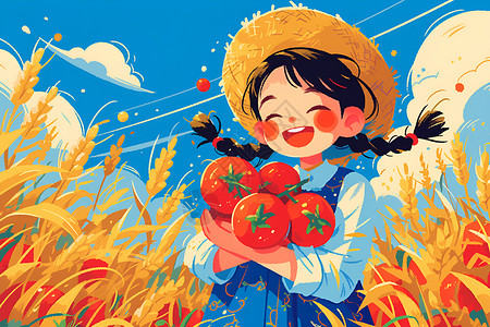 种植西红柿麦田里的小姑娘插画