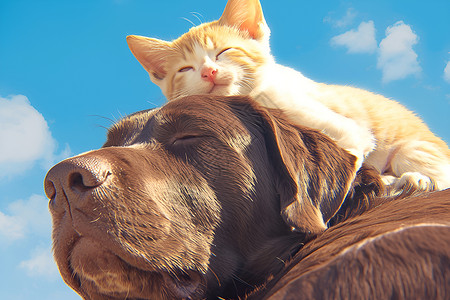 一只拉布拉多犬和小猫相依相伴高清图片
