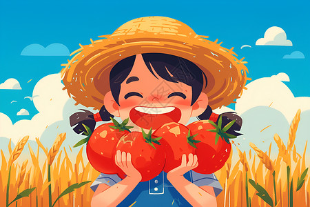番茄种植少女手捧四颗红透的番茄插画