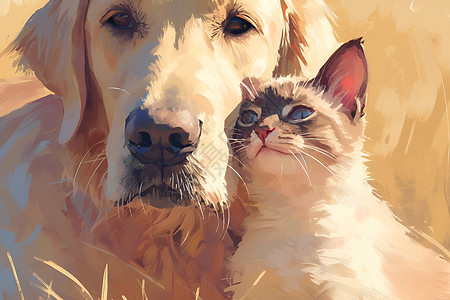 猫咪和狗狗草地上的狗狗和猫咪插画