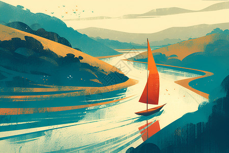 双体帆船山水中静谧的孤舟插画
