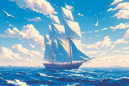 大船素材航向蓝色海洋的大船插画