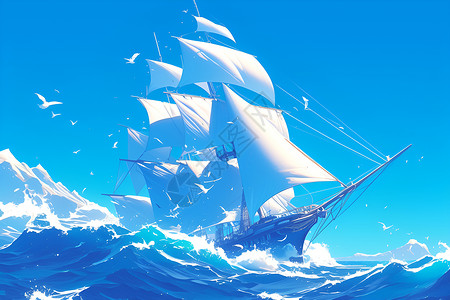 云中航行自由翱翔的轮船插画