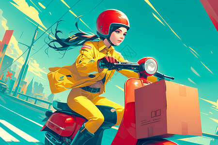 摩托车女红色头盔的女骑手插画