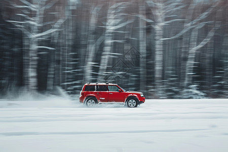 红色吉普车穿行在雪地背景