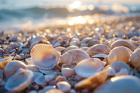 海滩上有一堆贝壳背景图片