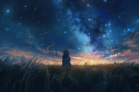 璀璨之夜夜空下仰望星空的女孩插画