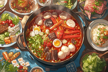 火锅食材鸡肾美食火锅盛宴插画