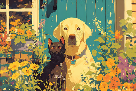 猫咪和狗狗狗狗和猫咪在花丛中插画