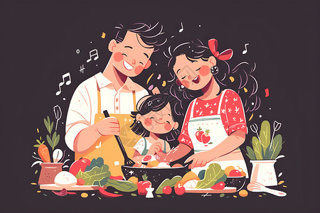 绿意厨房家庭三口一起烹饪插画