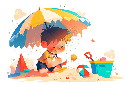 堆沙子小男孩小男孩在沙滩上玩耍插画