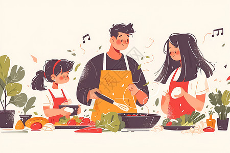 外婆厨房家庭三口一起烹饪美食插画