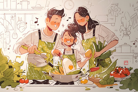 家庭厨艺欢乐厨艺家庭插画