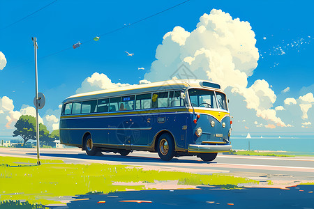 山野公路公路上行驶的公交车插画