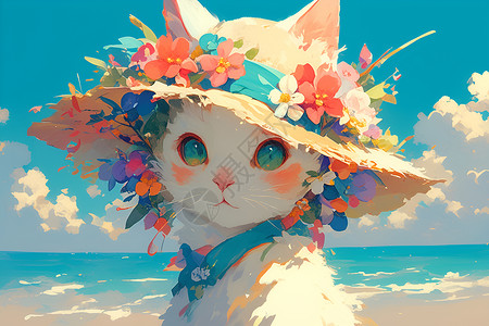 花帽猫咪的沙滩漫步高清图片