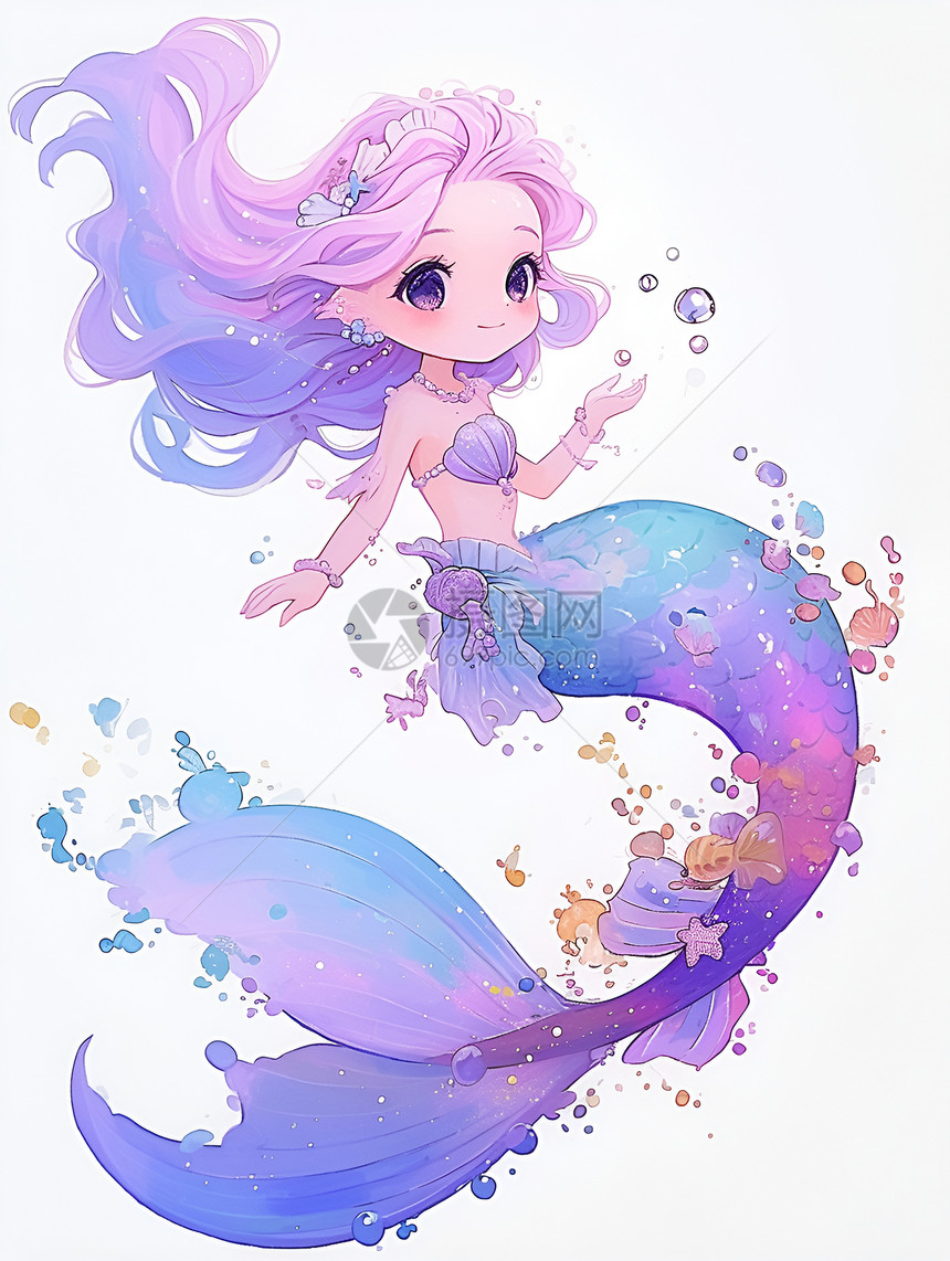紫色的美人鱼插画图片