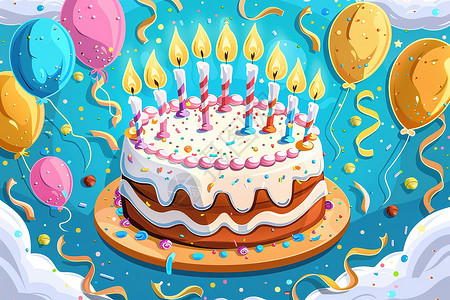 生日蛋糕上点的燃蜡烛和气球背景图片