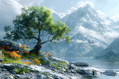 自然雪山和植物背景高清图片