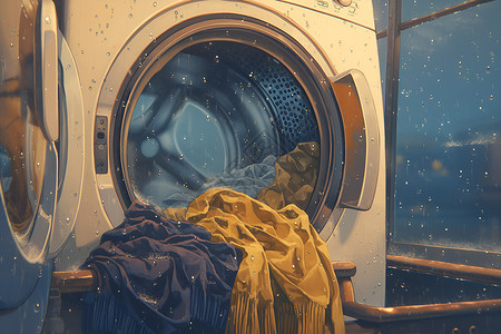 整理家务滚筒洗衣机里的衣服插画