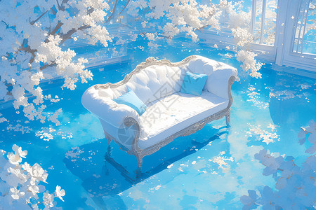 白色家具花树下的白色沙发插画