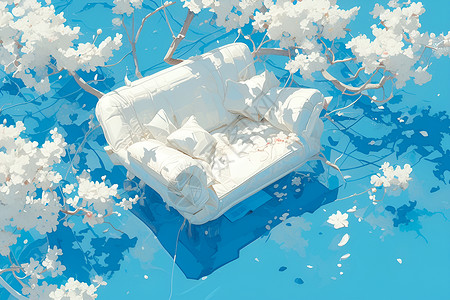 白色家具蓝色花园中的白色沙发插画