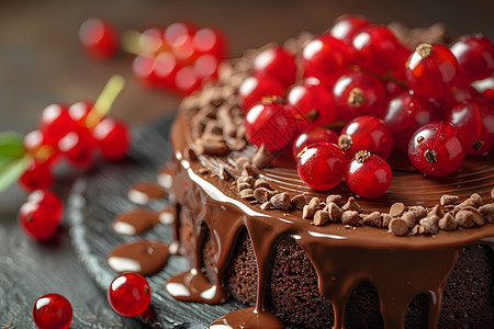 花点缀巧克力蛋糕上的红色浆果点缀背景
