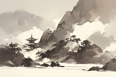 中式山水插画高清图片