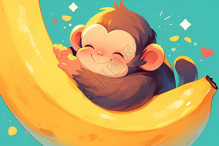 香蕉微笑快乐的猴子和巨大的香蕉插画