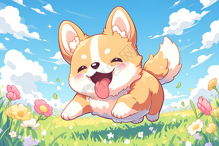 草地跳跃快乐奔跑的狗狗插画