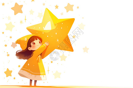 可爱星星魔幻少女与黄色星星插画