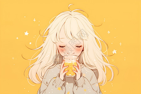 可爱纯真的少女享受一杯橙汁插画