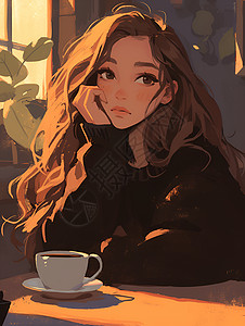 女孩在咖啡馆里喝咖啡插画
