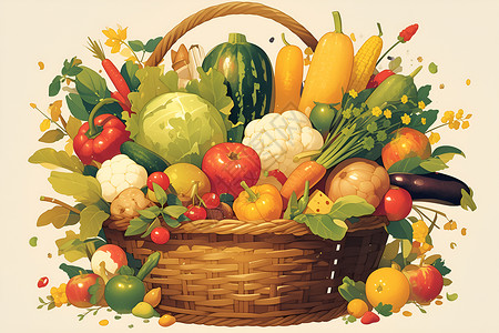 编制篮子竹篮里的蔬菜水果插画