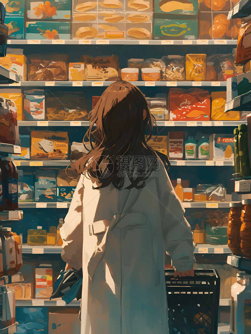 超市购物的长发女子图片