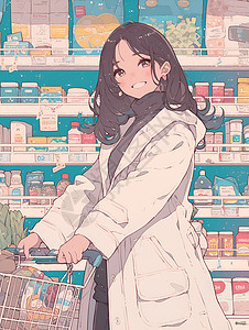 白衣女人在超市购物背景图片