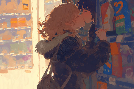 情侣拥吻售货机前拥吻的情侣插画