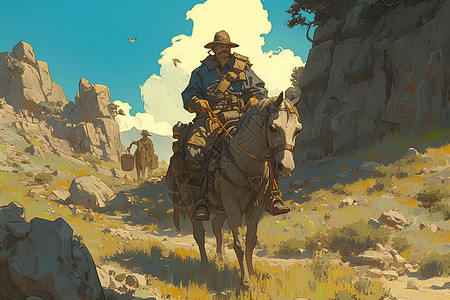 牧民骑马男人骑马行走在山谷里插画