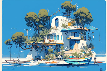 海边港口海边的房子插画