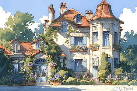 别墅花园庭院蓝天下的红顶别墅插画