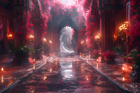 酥油蜡烛鲜花拱门下的走廊设计图片