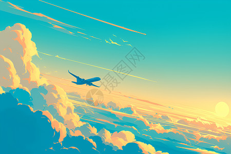 飞机降落冲破云海的飞机插画