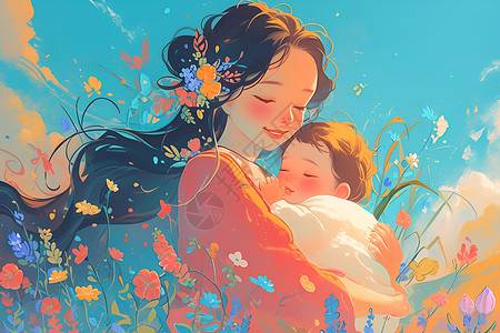 微笑的女性花丛中的母子插画